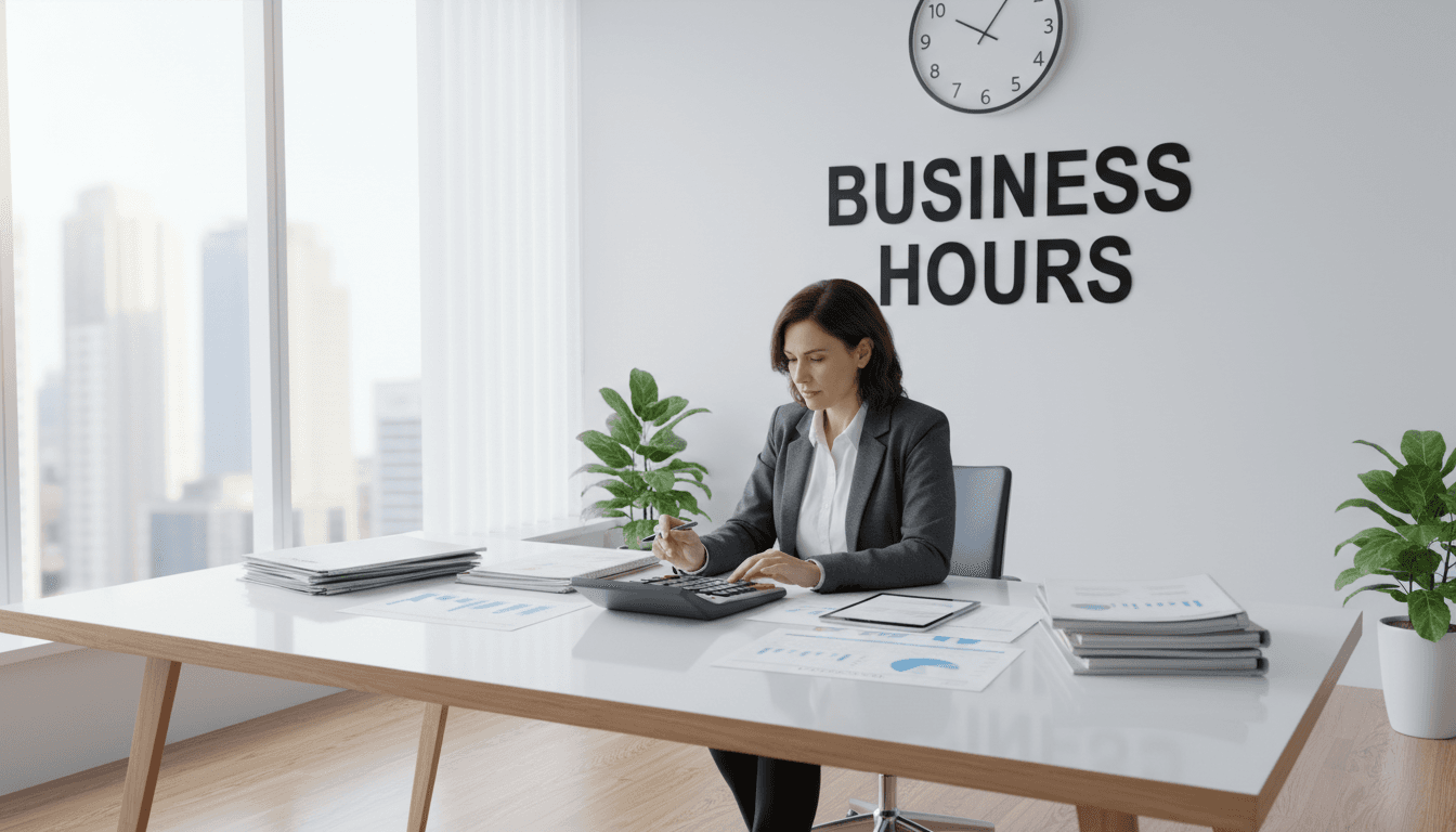 Professional bookkeeper reviewing financial records at a clean modern desk