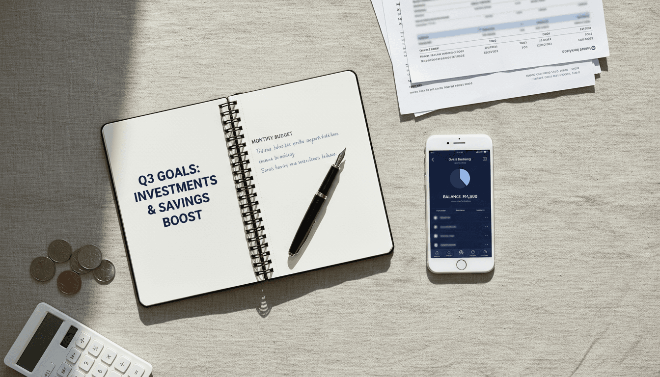Overhead flat-lay of financial planning tools and documents