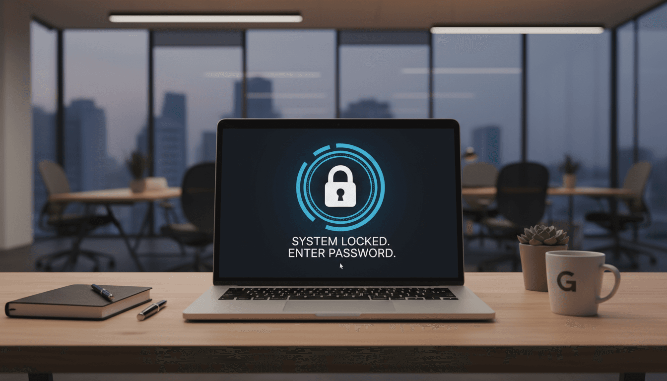 Secure laptop on office desk with lock screen display.