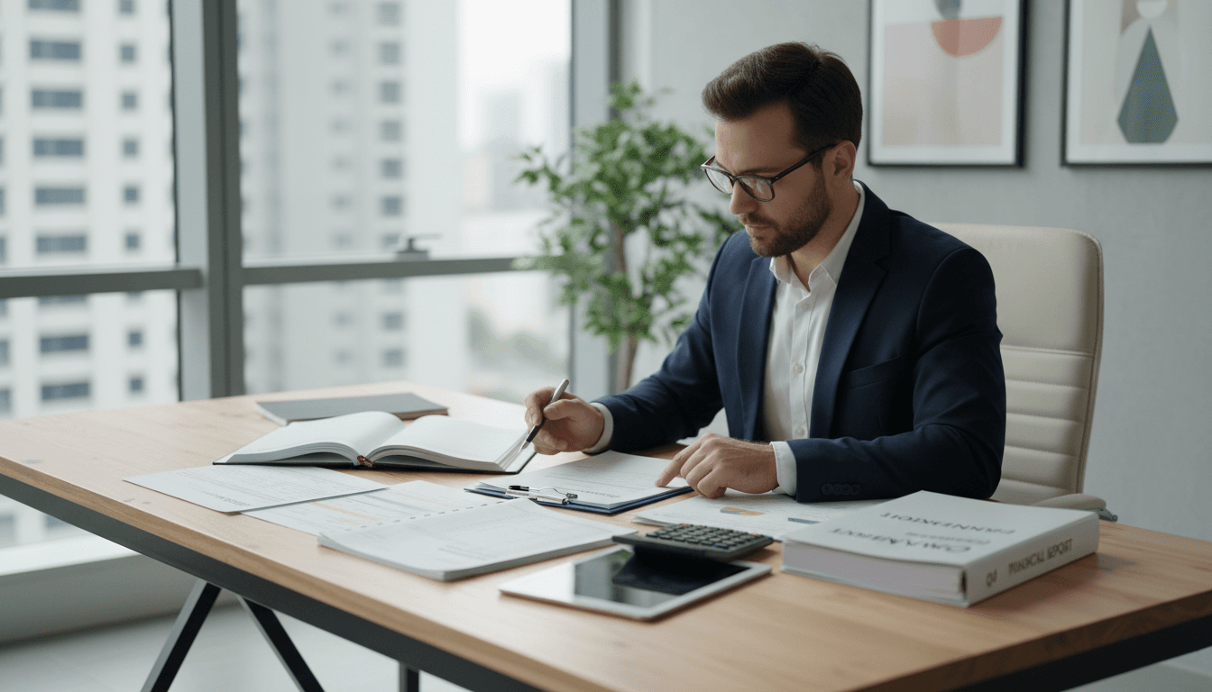 Professional reviewing financial documents at a clean modern desk with warm natural lighting