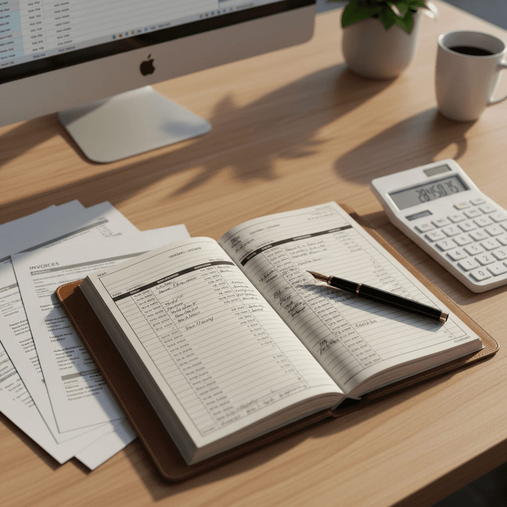 Organized bookkeeping workspace with financial documents and ledger