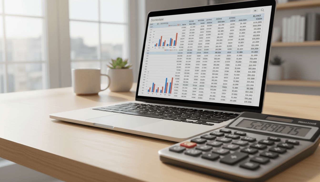Organised financial records and calculator showing bookkeeping accuracy