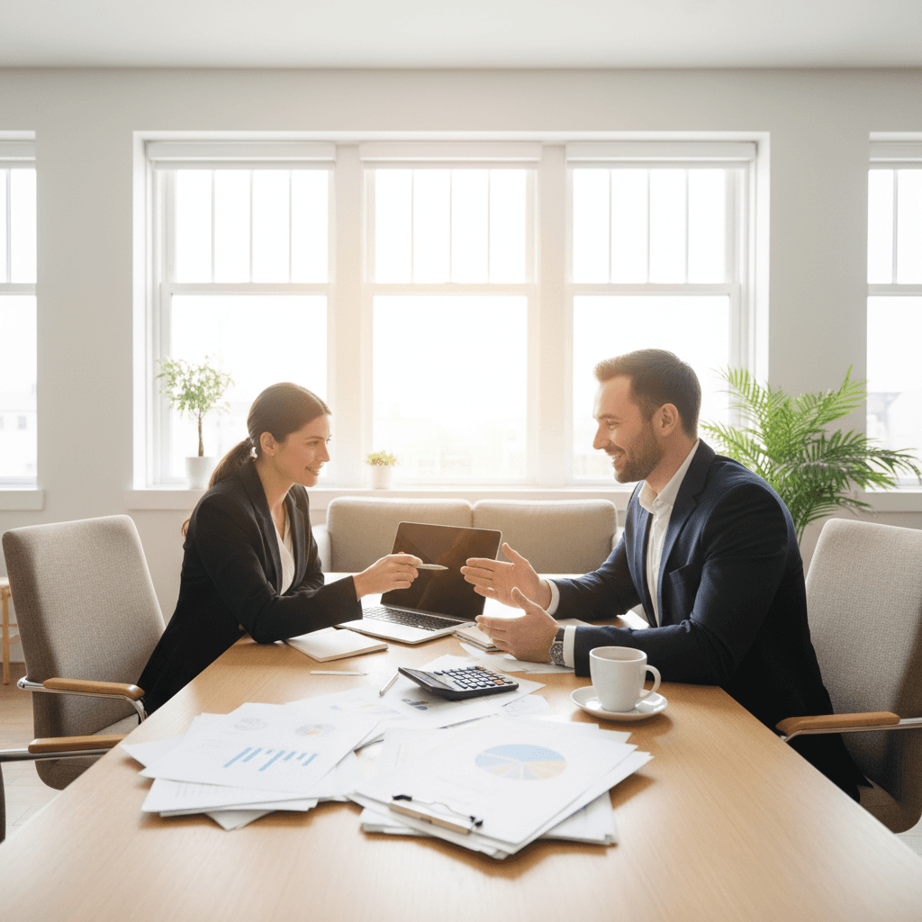 Bookkeeper reviewing financial records with a business client