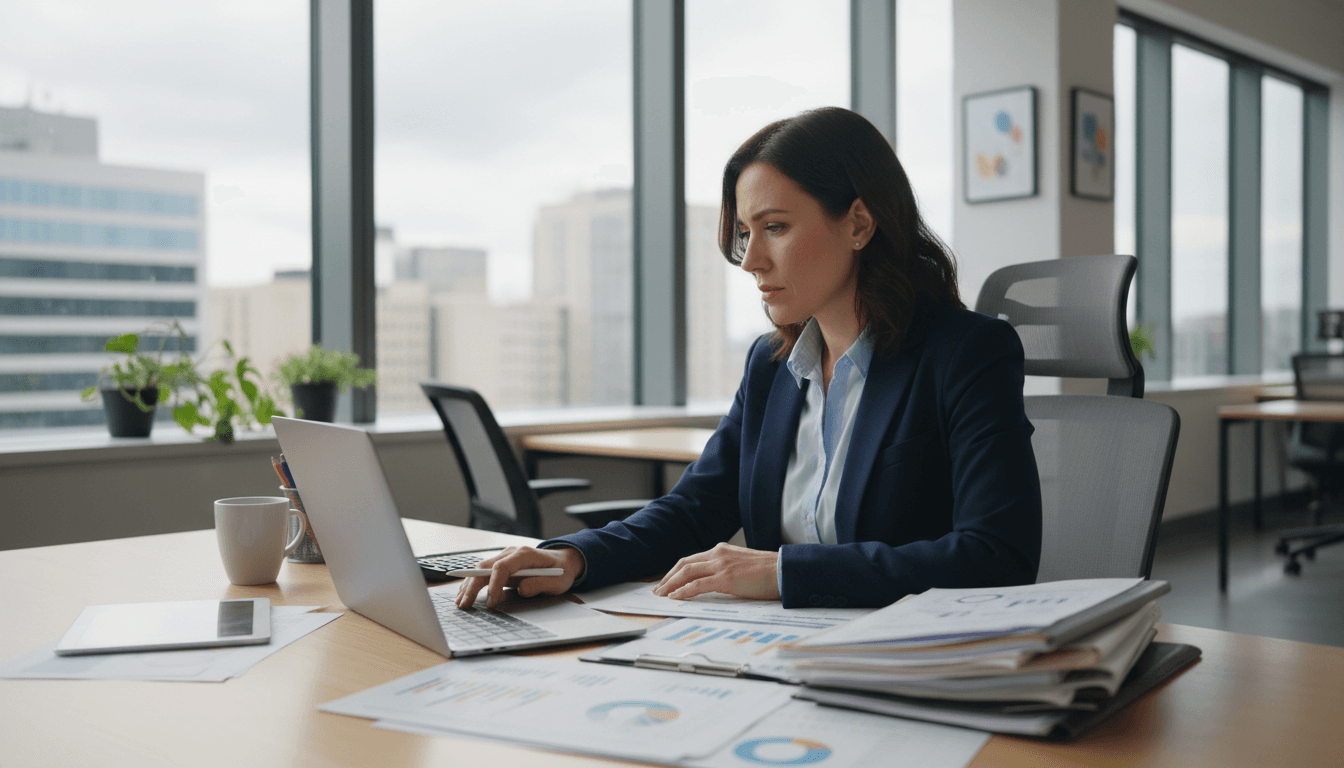 Professional accountant reviewing financial records at desk