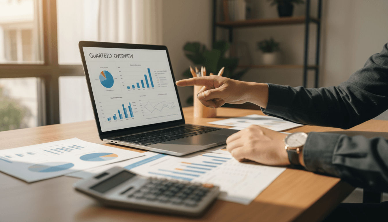 Business owner reviewing financial spreadsheets on laptop at desk