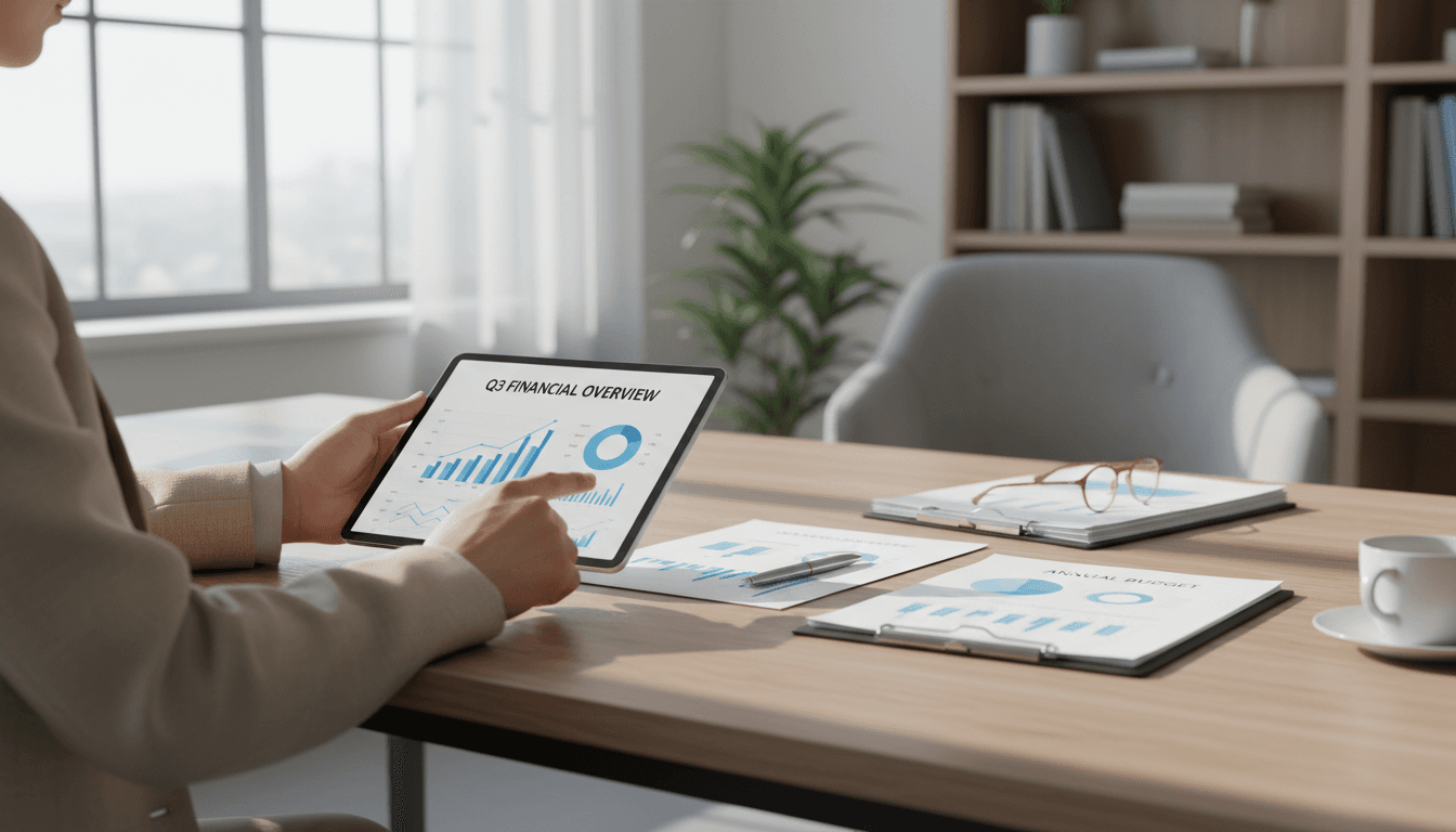 Professional bookkeeper reviewing organized financial documents and charts on tablet in bright, welcoming office space