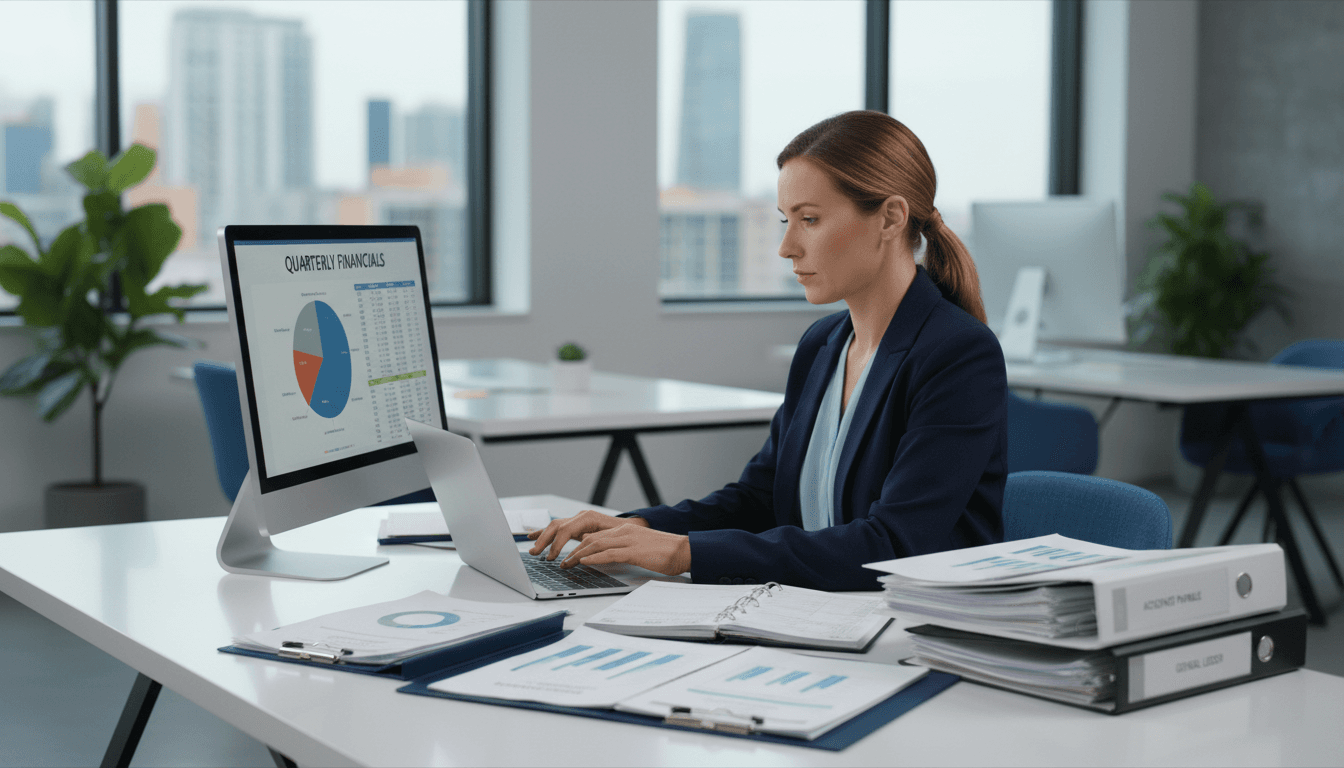 Bookkeeper working with laptop and financial documents in modern office.