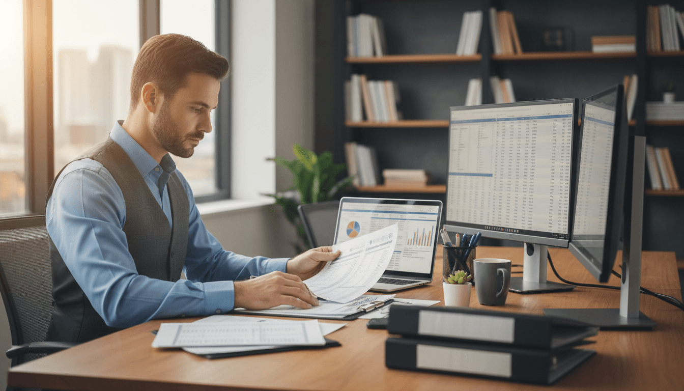 Accountant reviewing financial documents at desk