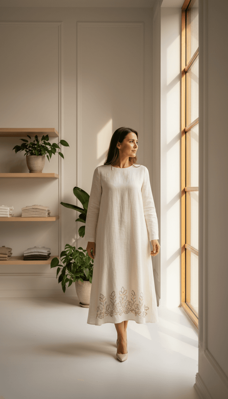 Woman wearing tailored cream linen dress with embroidered hem, standing in bright minimalist retail space