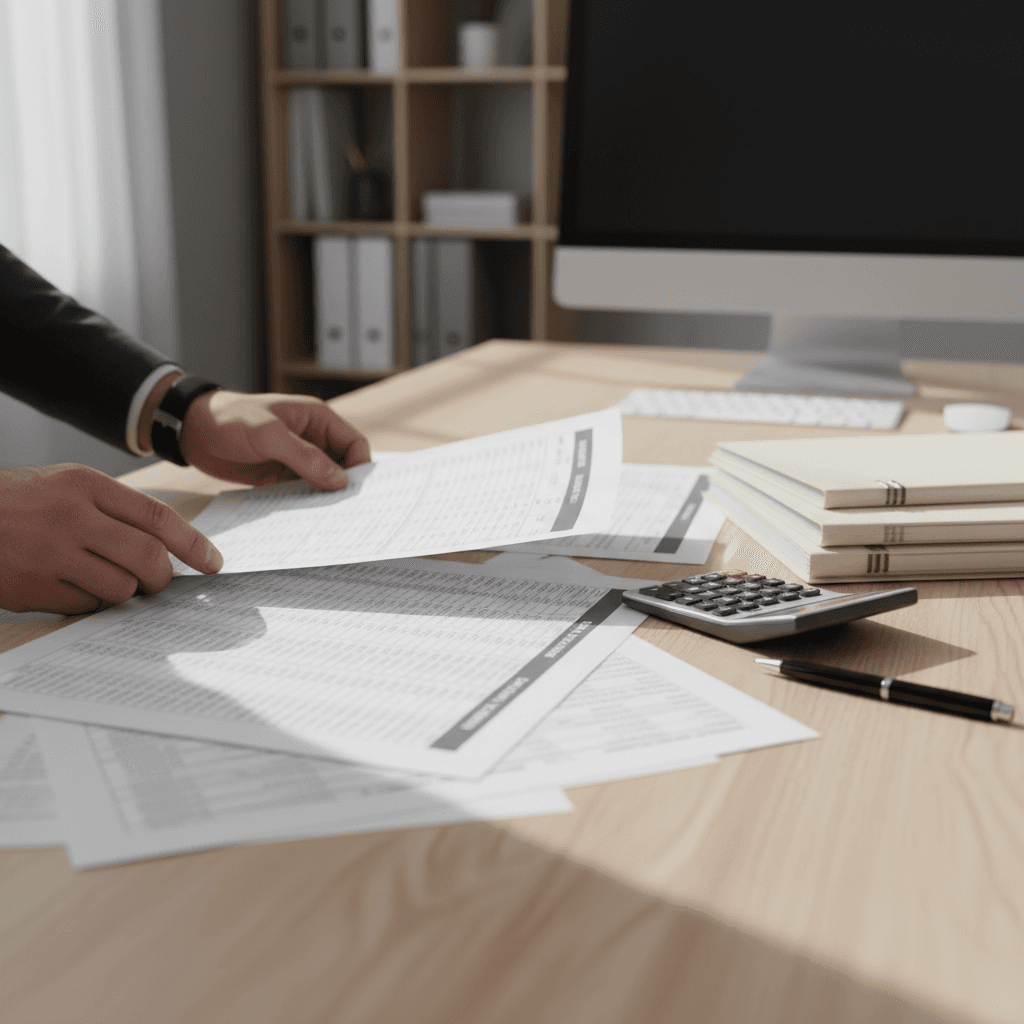 Bookkeeper organizing financial documents and records at a professional desk