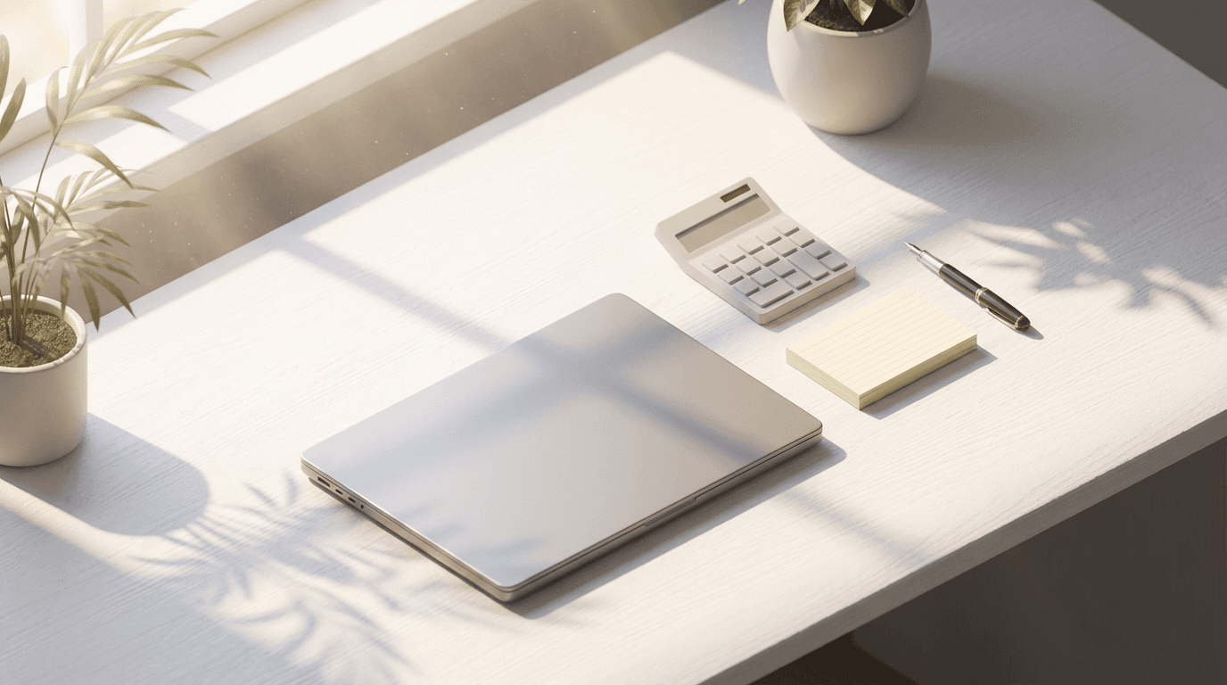 Organized bookkeeper's workspace with documents and calculator in natural light