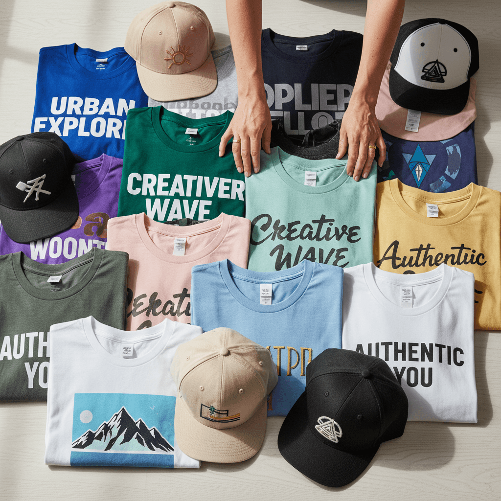 Overhead flat-lay of folded casual apparel including graphic tees, basic shirts, and snapback hats arranged in color-coordinated groups with natural lighting