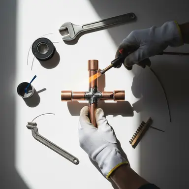 Gloved hands soldering a copper pipe cross fitting with a blowtorch, surrounded by plumbing tools.